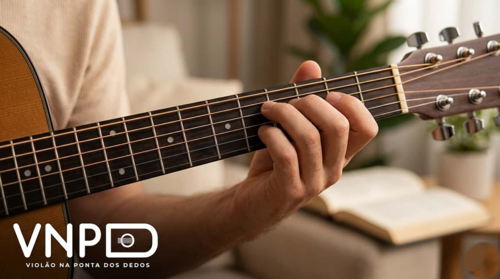 Mão de músico fazendo o acorde básico de Dó Maior (C) no violão, imagem de destaque do guia VNPD